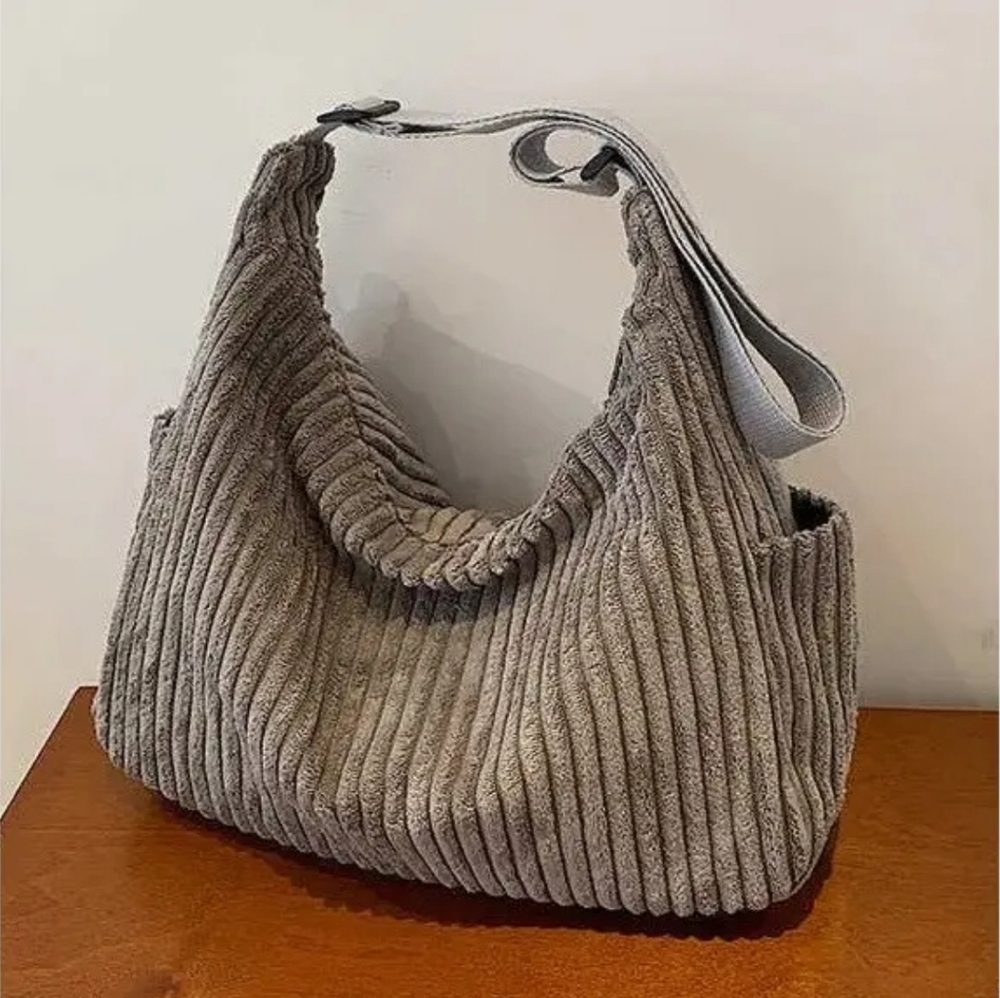 Textured Gray Corduroy Shoulder Bag - Casual Everyday Hobo